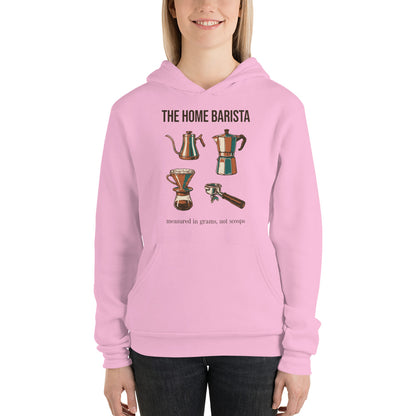 The Home Barista specialty coffee hoodie — Lilac, on model