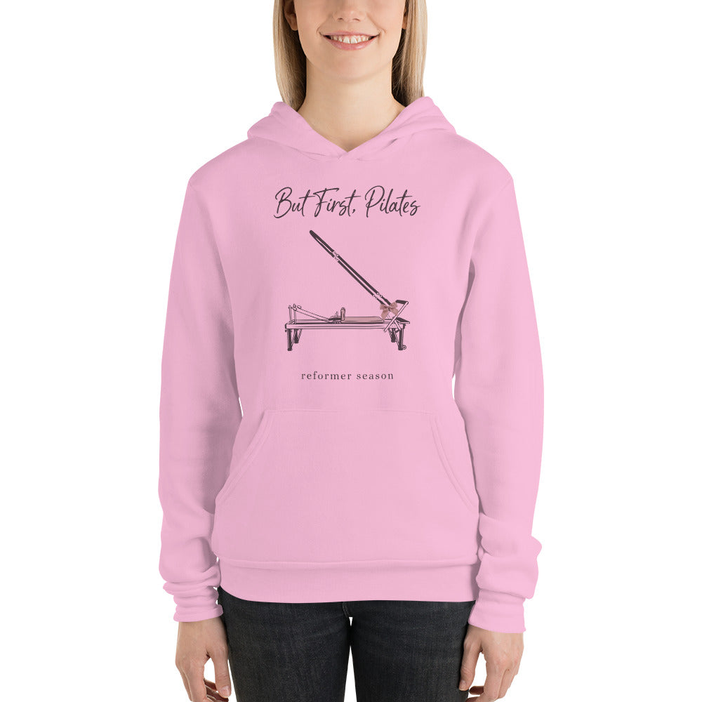 But First Pilates reformer line-art hoodie — Lilac, on model