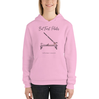 But First Pilates reformer line-art hoodie — Lilac, on model