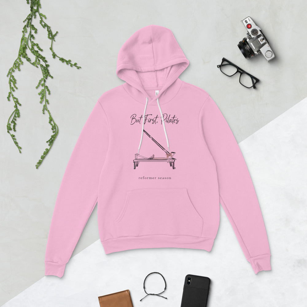 But First Pilates reformer line-art hoodie — Lilac, flat lay