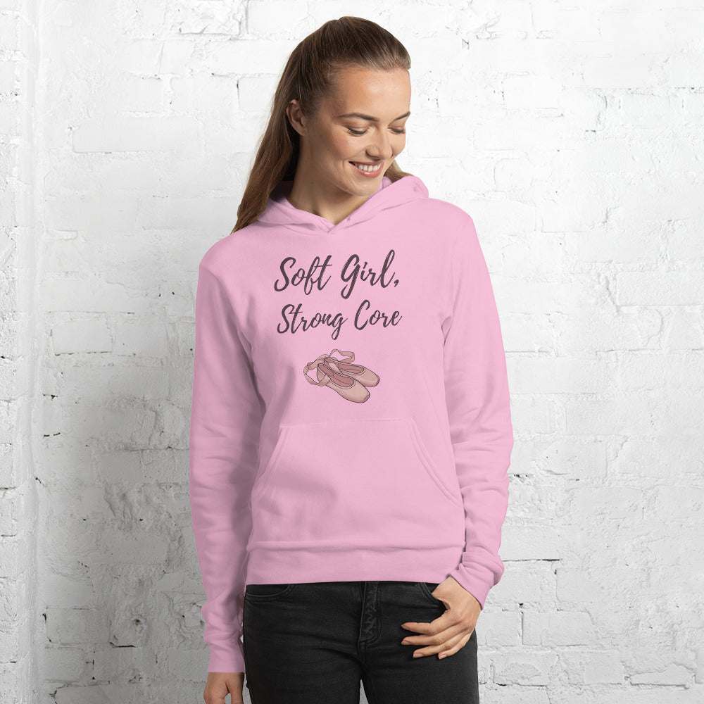 Soft Girl Strong Core ballet coquette pilates hoodie — Lilac, on model