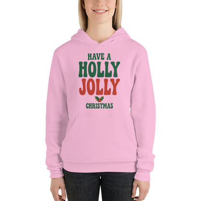 Groovy Holly Jolly retro Christmas hoodie — Lilac, on model