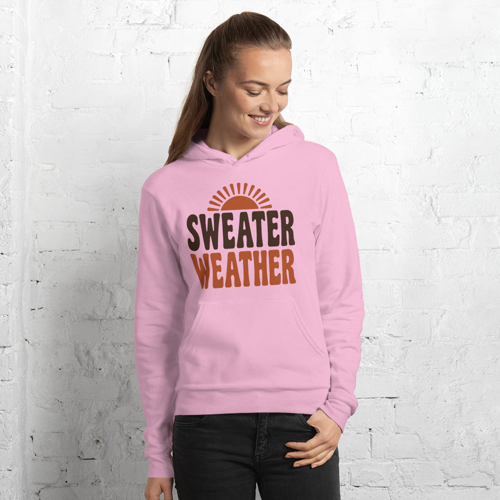 Sweater Weather retro 70s fall hoodie — Lilac, on model