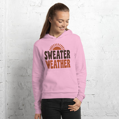 Sweater Weather retro 70s fall hoodie — Lilac, on model