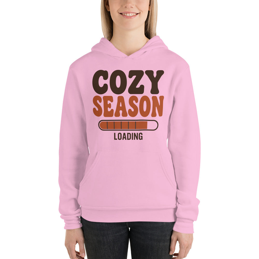 Cozy Season Loading retro 70s fall hoodie — Lilac, on model