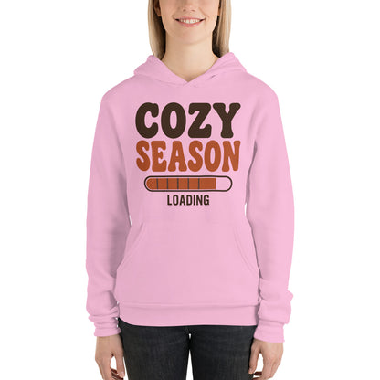 Cozy Season Loading retro 70s fall hoodie — Lilac, on model