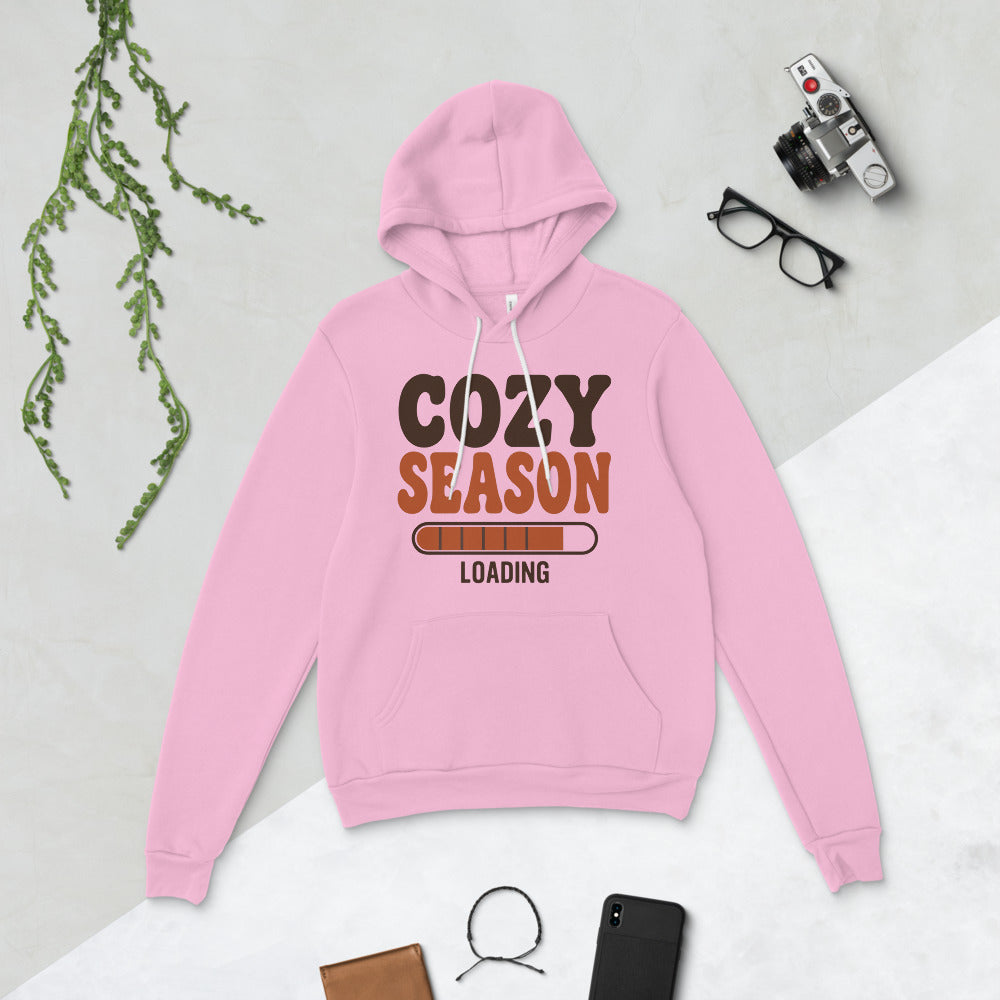 Cozy Season Loading retro 70s fall hoodie — Lilac, flat lay