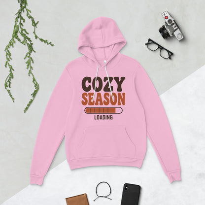 Cozy Season Loading retro 70s fall hoodie — Lilac, flat lay