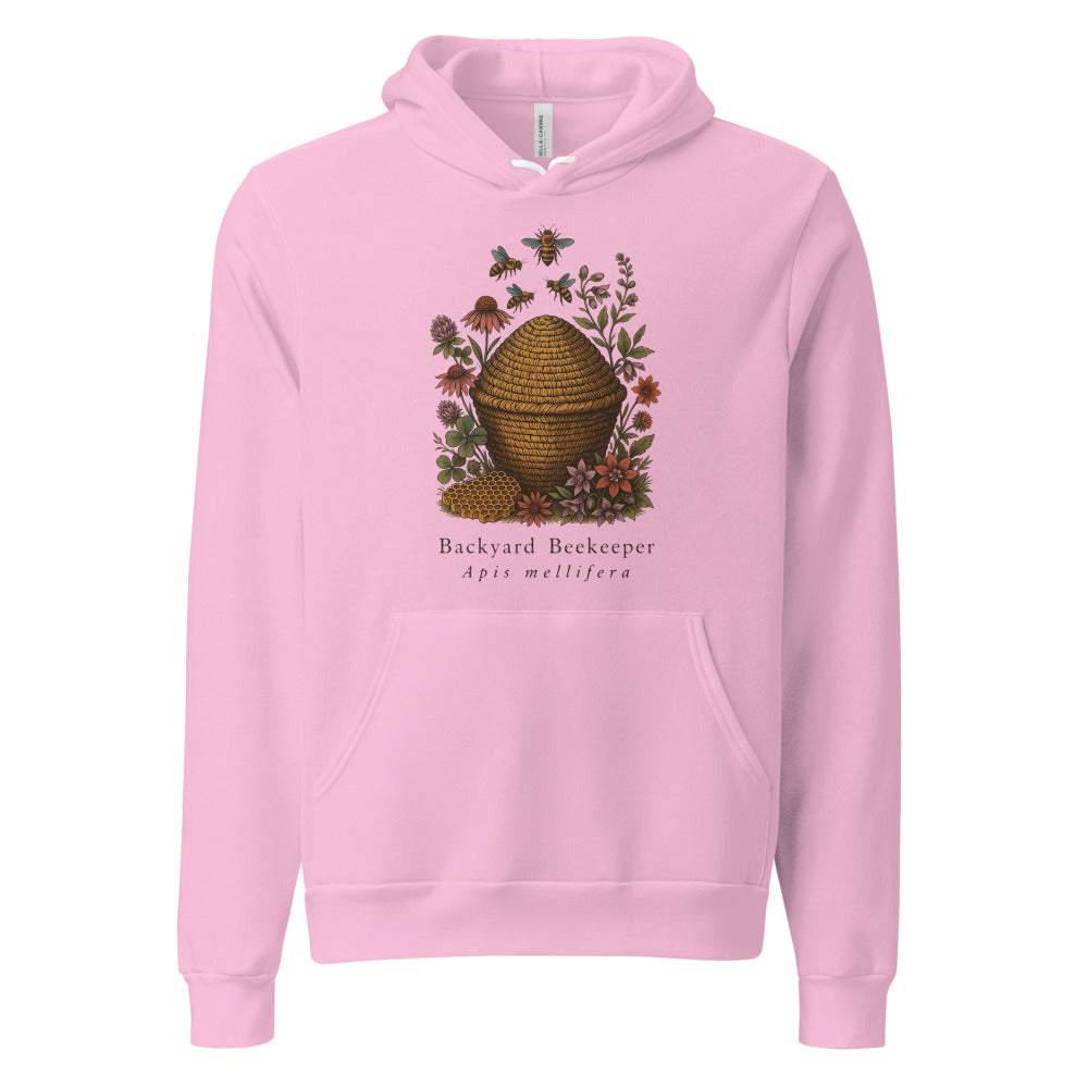 Backyard Beekeeper field-guide bee hoodie — Lilac, front