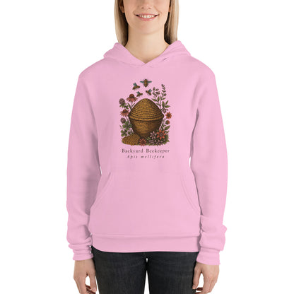 Backyard Beekeeper field-guide bee hoodie — Lilac, on model