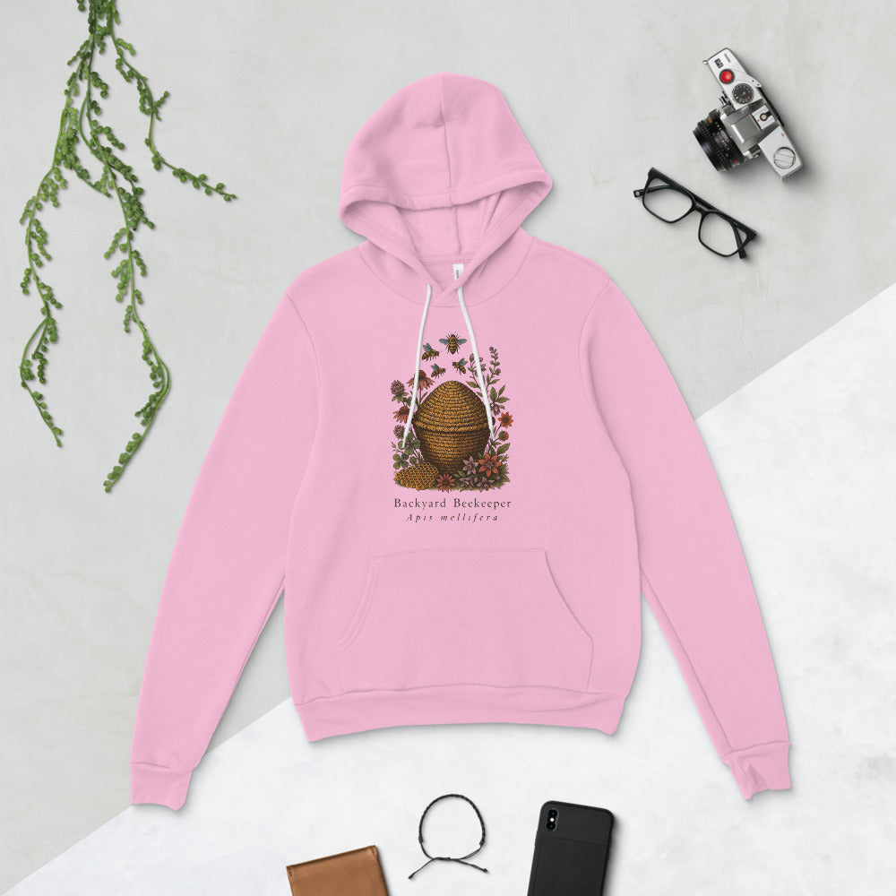 Backyard Beekeeper field-guide bee hoodie — Lilac, flat lay
