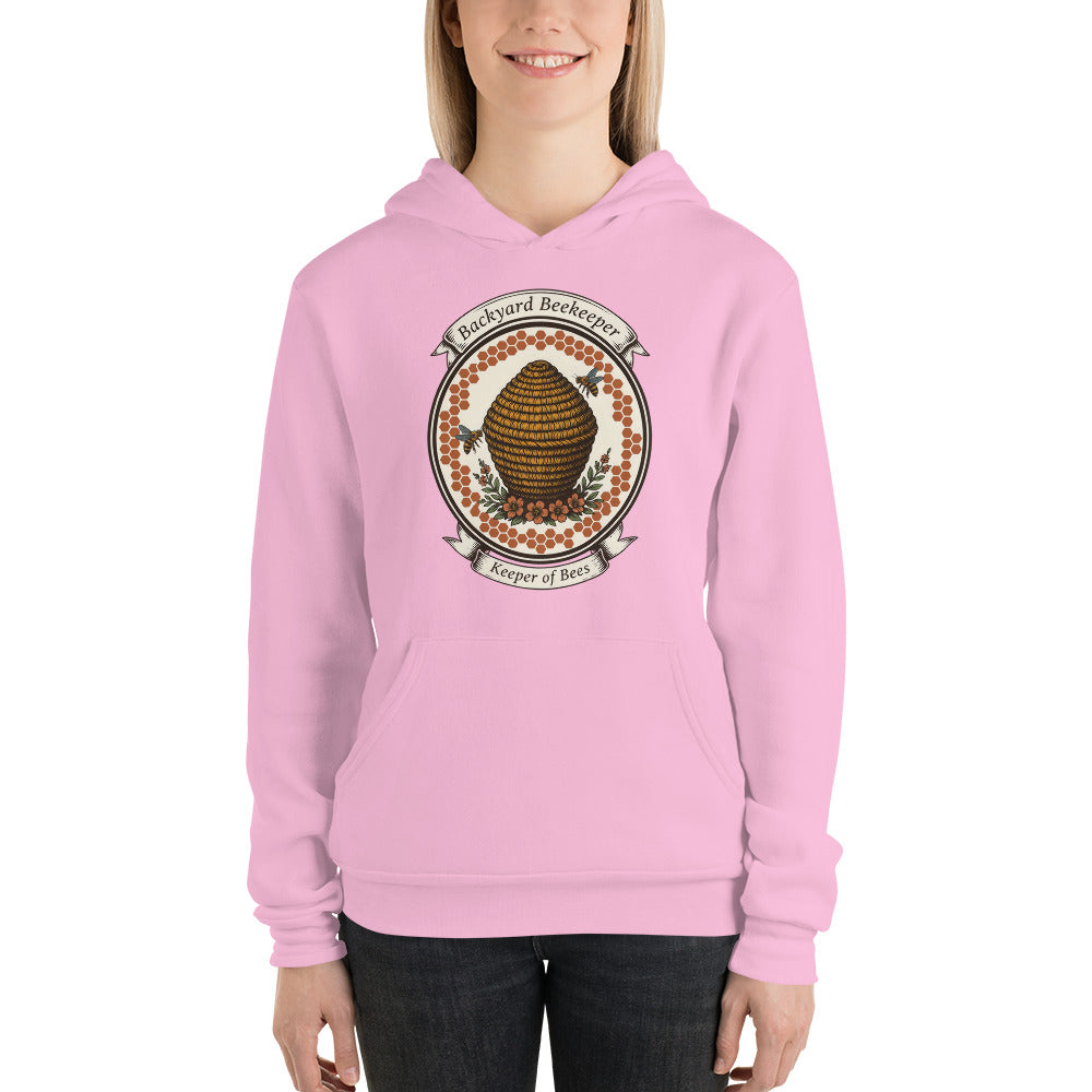 Backyard Beekeeper Keeper of Bees vintage apiary crest hoodie — Lilac, on model