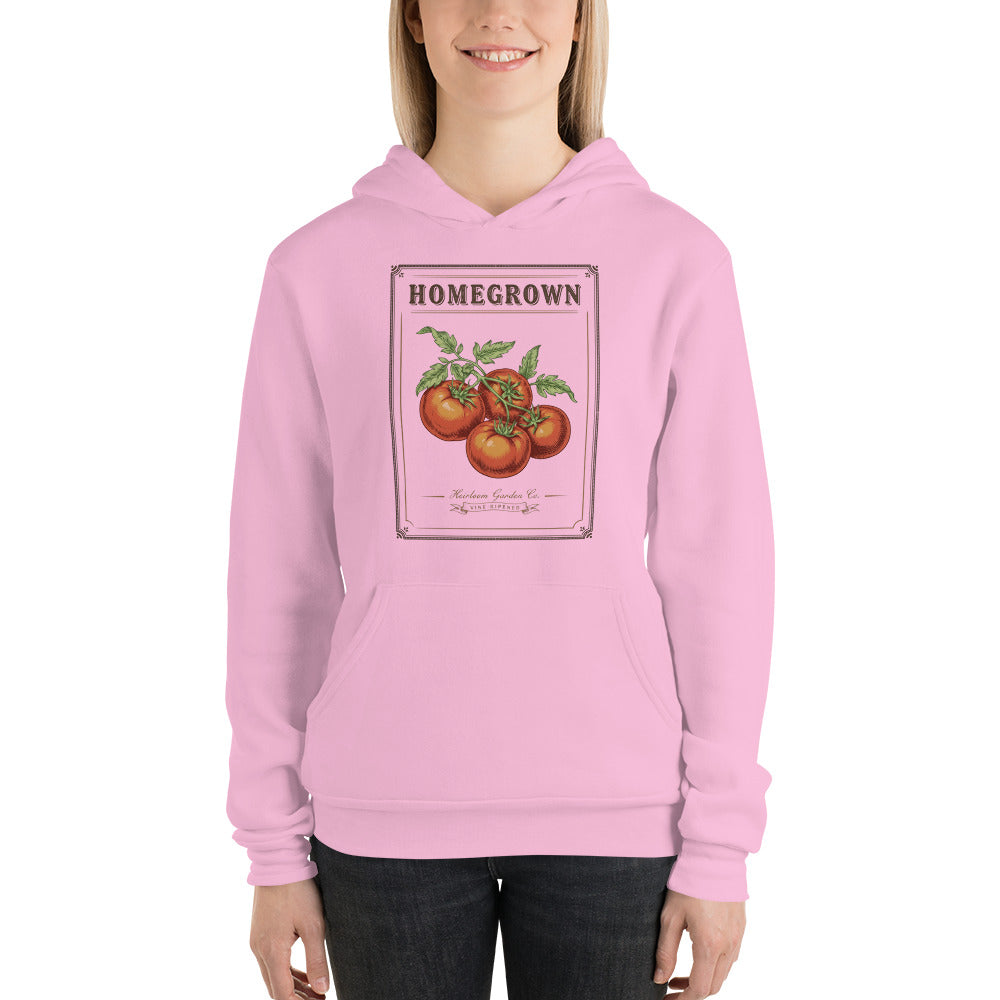 Homegrown Heirloom Seed Packet gardening hoodie — Lilac, on model