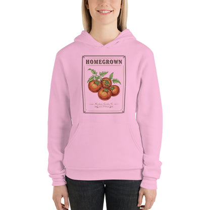 Homegrown Heirloom Seed Packet gardening hoodie — Lilac, on model