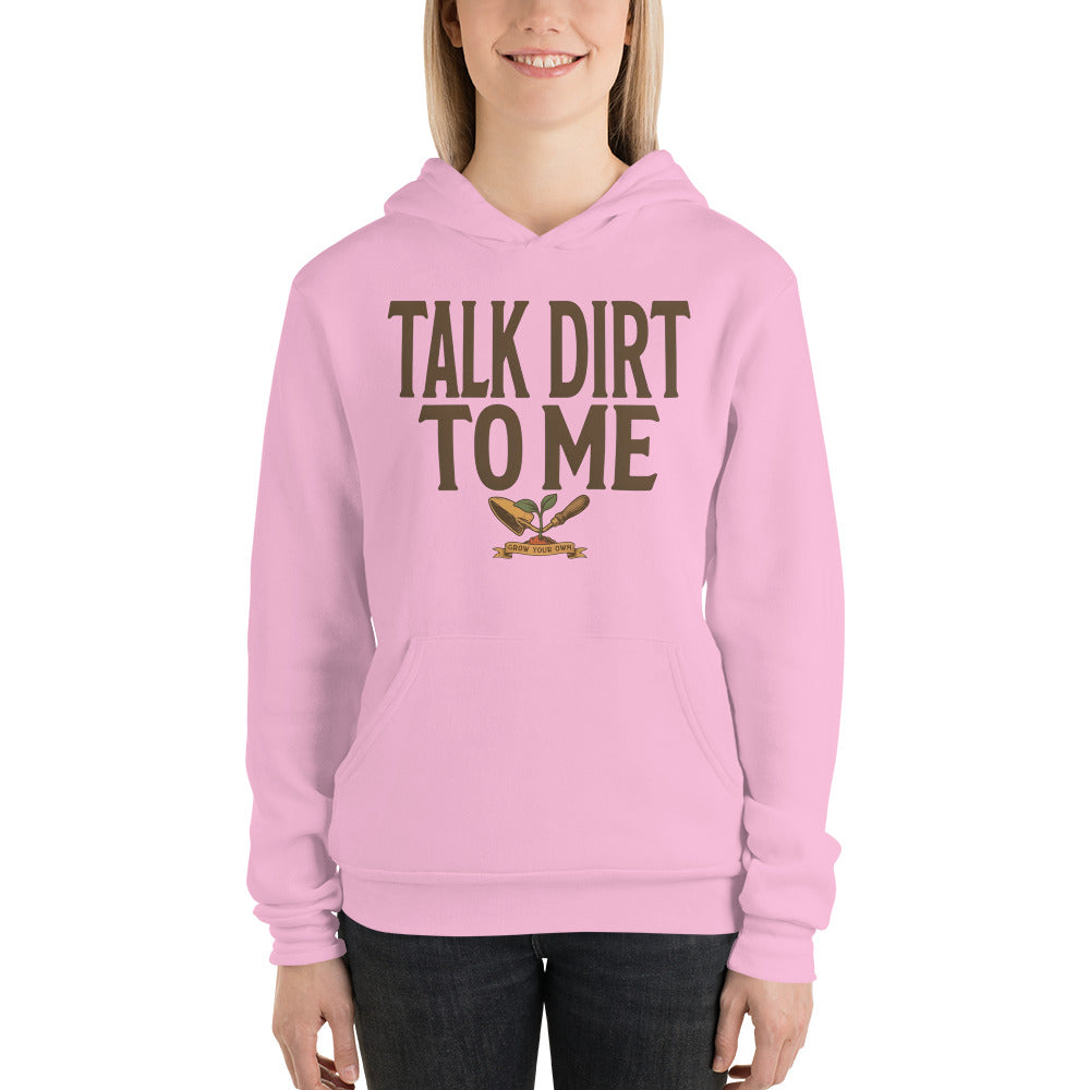 Talk Dirt To Me funny gardening hoodie — Lilac, on model
