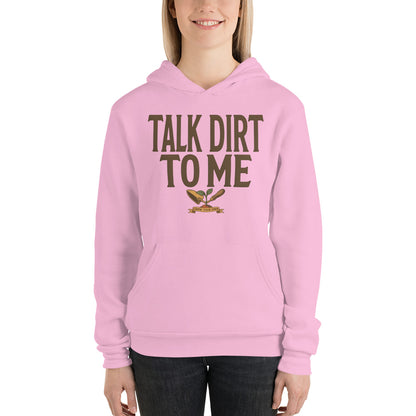 Talk Dirt To Me funny gardening hoodie — Lilac, on model
