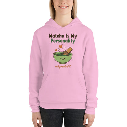 Matcha Is My Personality retro matcha hoodie — Lilac, on model