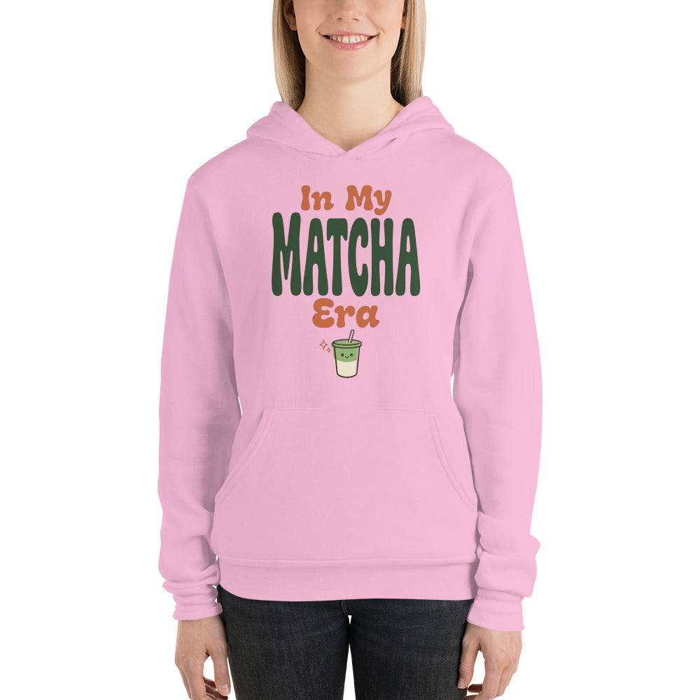 In My Matcha Era retro matcha hoodie — Lilac, on model