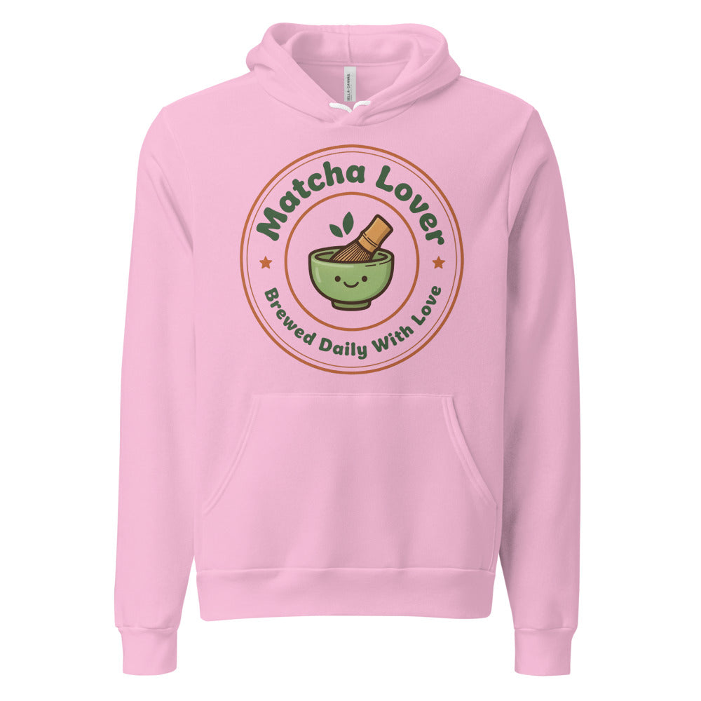 Matcha Lover retro café badge hoodie — Lilac, front