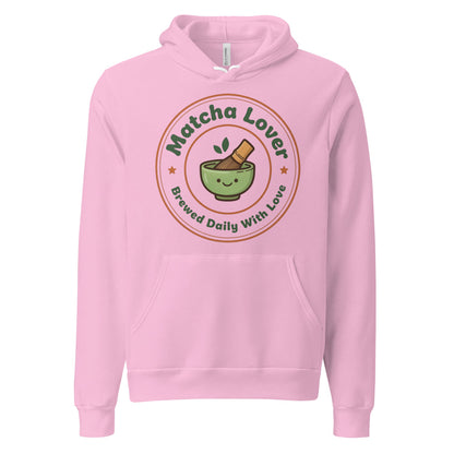 Matcha Lover retro café badge hoodie — Lilac, front