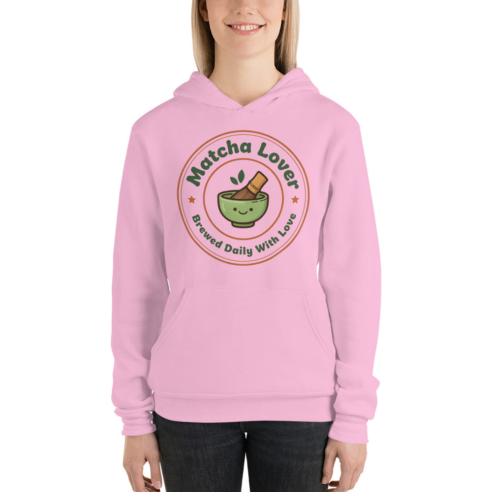 Matcha Lover retro café badge hoodie — Lilac, on model