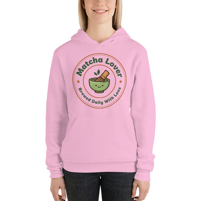Matcha Lover retro café badge hoodie — Lilac, on model