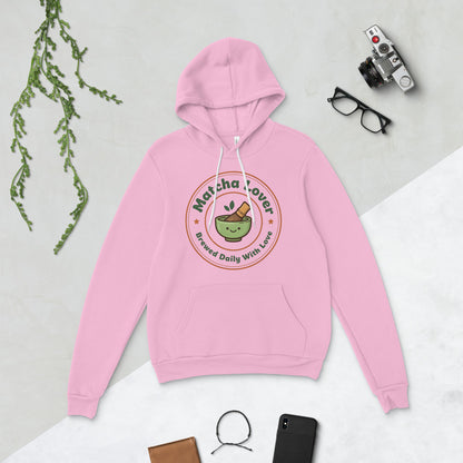 Matcha Lover retro café badge hoodie — Lilac, flat lay
