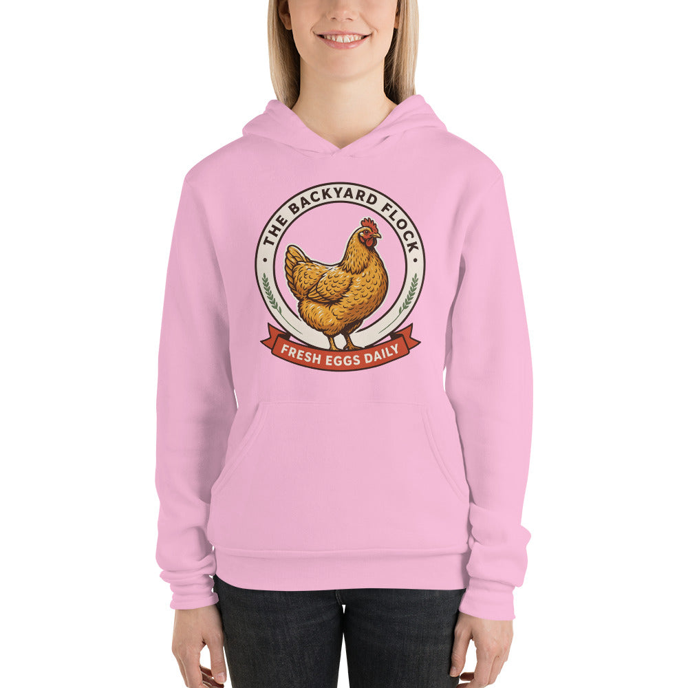 Backyard Flock heritage chicken keeper hoodie — Lilac, on model