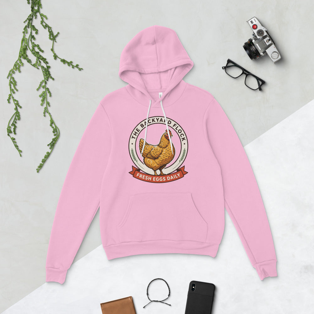 Backyard Flock heritage chicken keeper hoodie — Lilac, flat lay