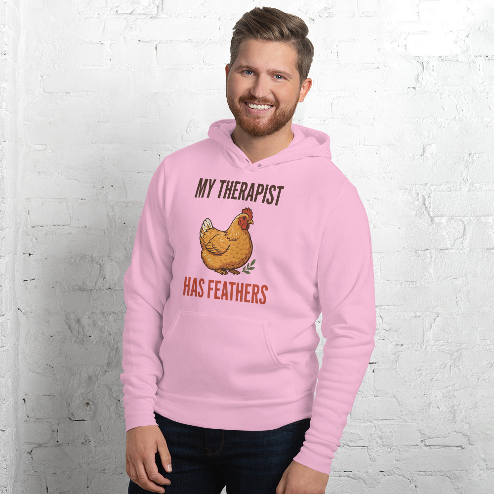 My Therapist Has Feathers funny chicken keeper hoodie — Lilac, on model