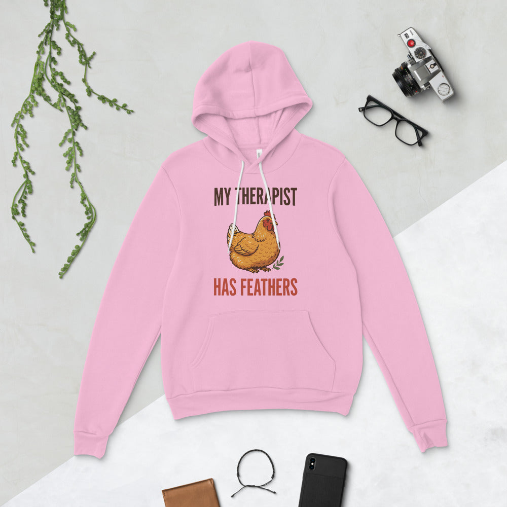 My Therapist Has Feathers funny chicken keeper hoodie — Lilac, flat lay