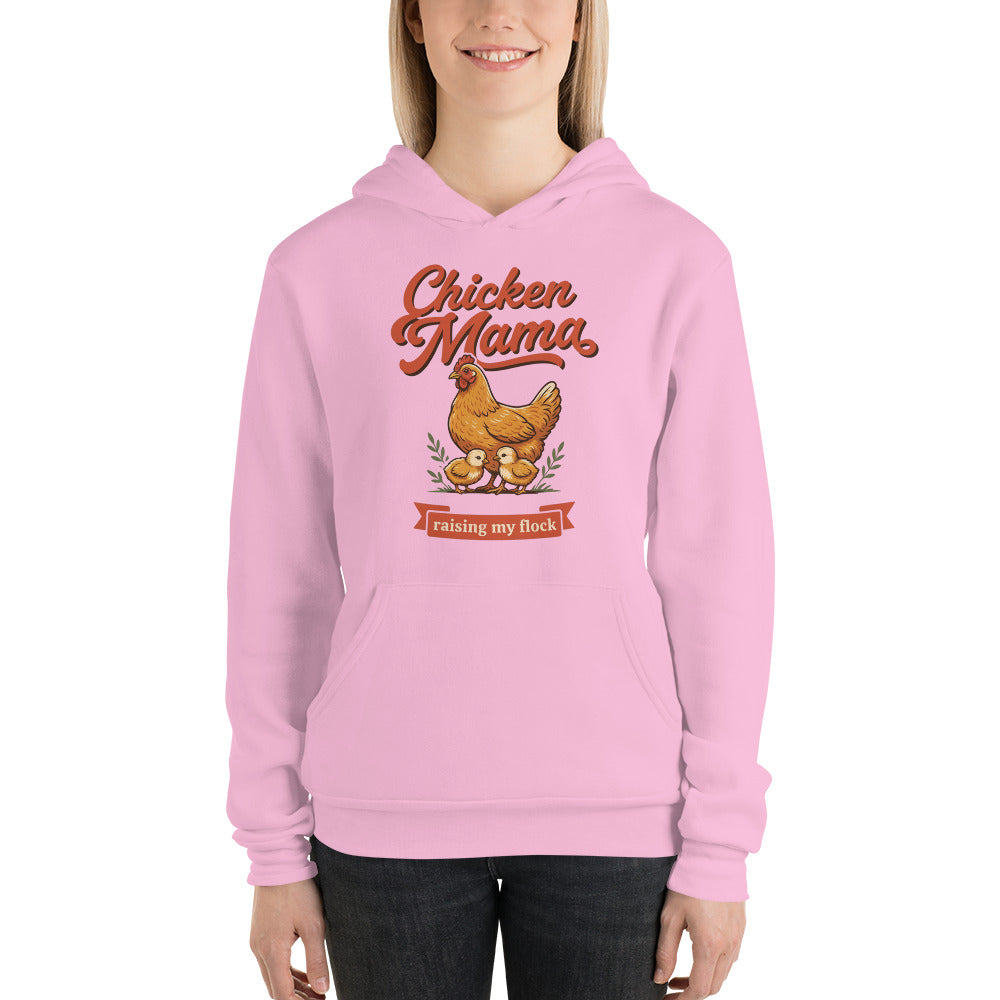 Chicken Mama raising my flock chicken keeper hoodie — Lilac, on model