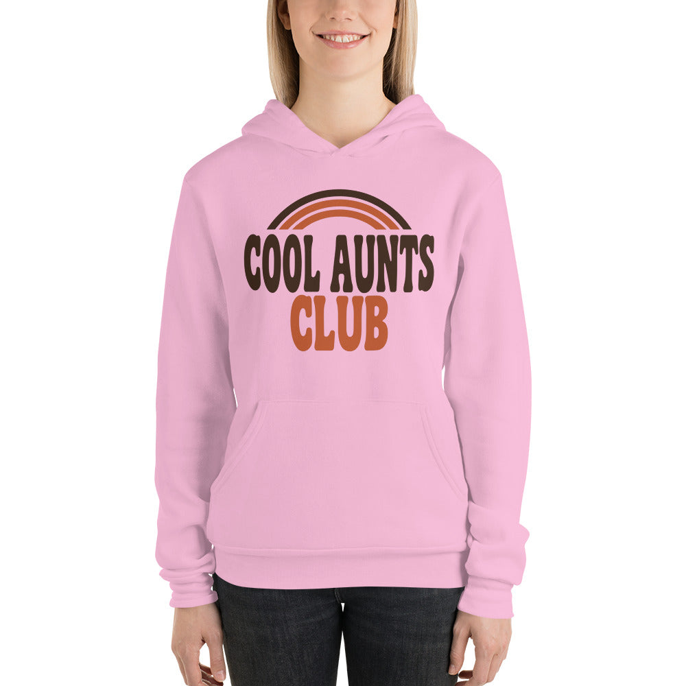 Cool Aunts Club retro groovy aunt hoodie — Lilac, on model
