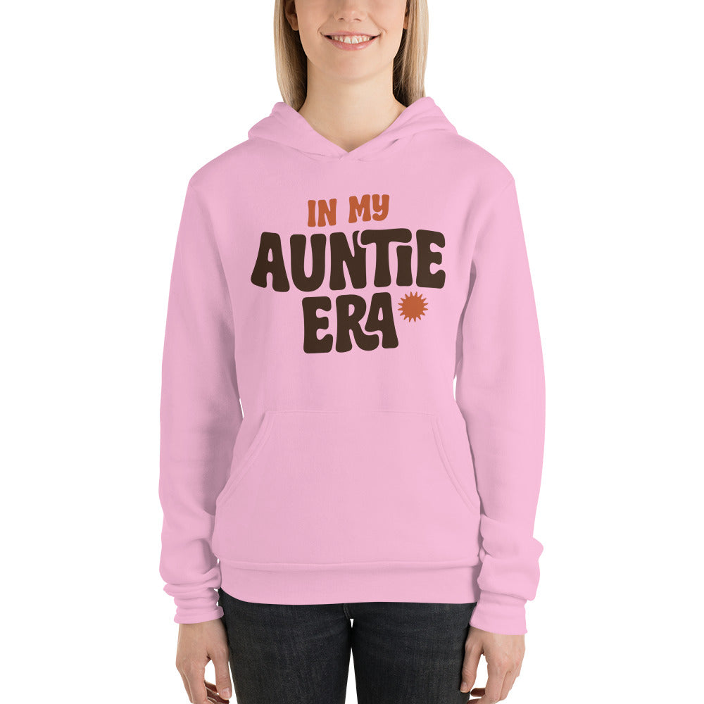 In My Auntie Era retro groovy aunt hoodie — Lilac, on model
