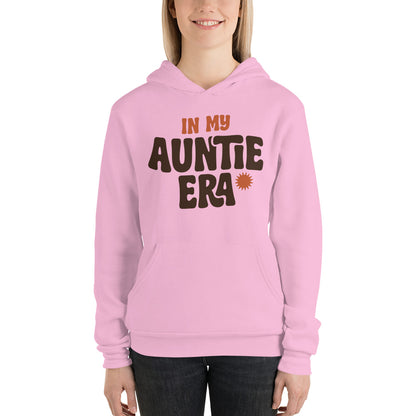 In My Auntie Era retro groovy aunt hoodie — Lilac, on model
