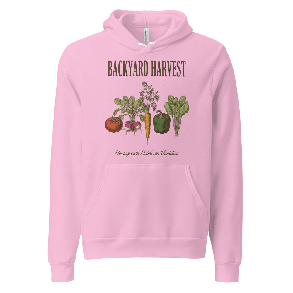Backyard Harvest heirloom vegetable gardening hoodie — Lilac, front