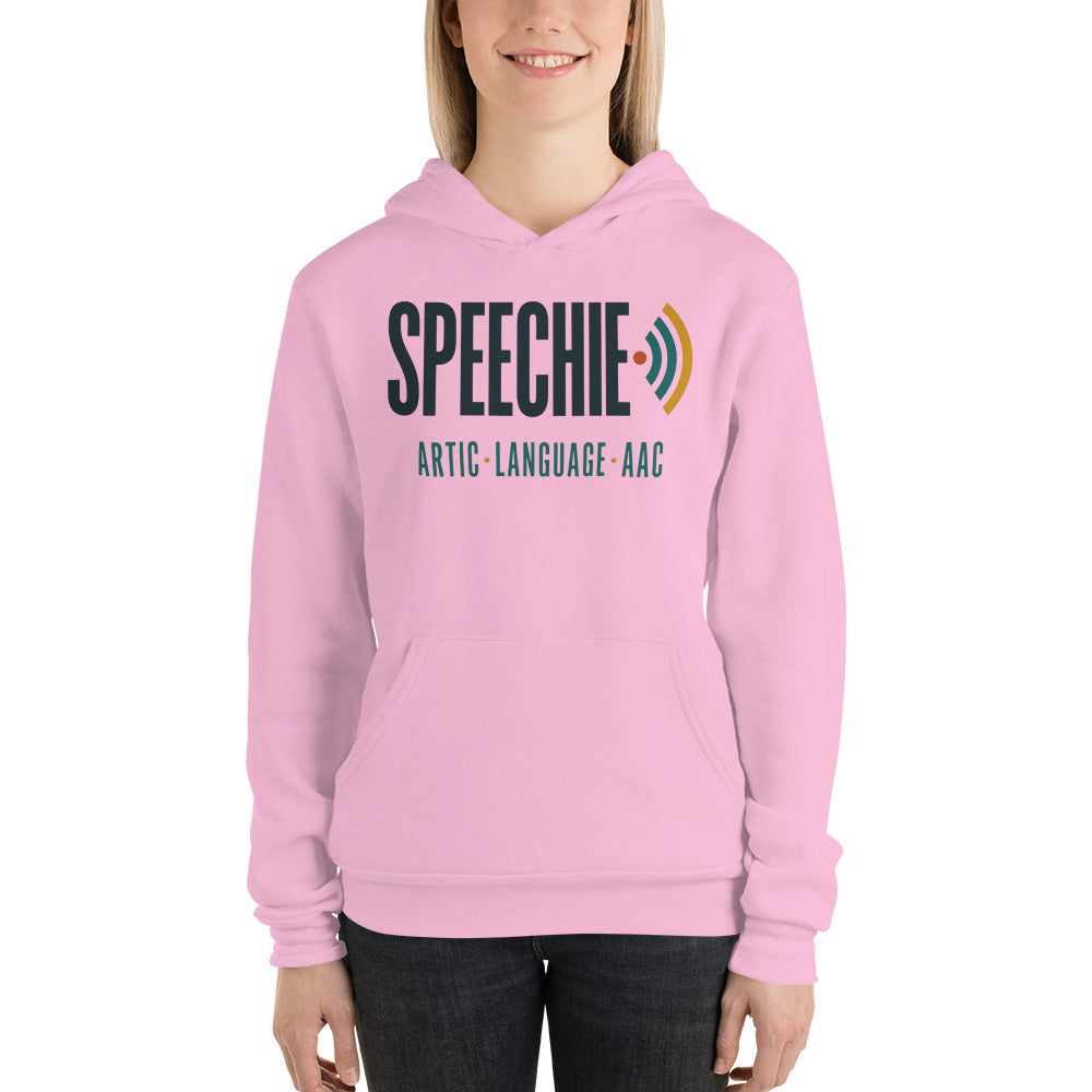Speechie Wordmark speech therapy hoodie — Lilac, on model