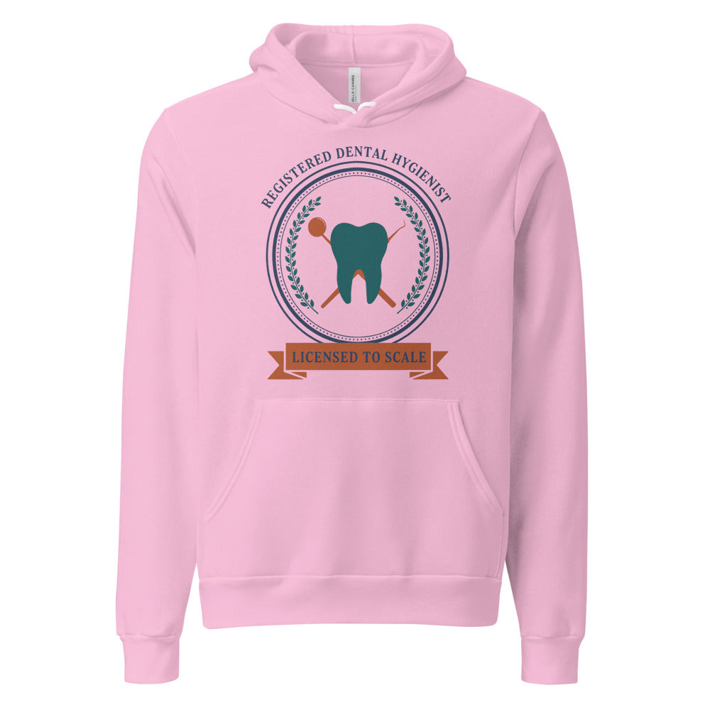 Licensed to Scale registered dental hygienist hoodie — Lilac, front