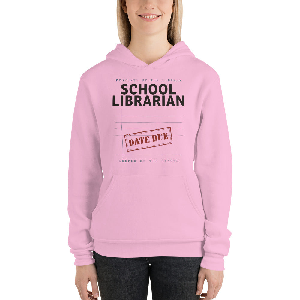 Property of the School Library card catalog school librarian hoodie — Lilac, on model