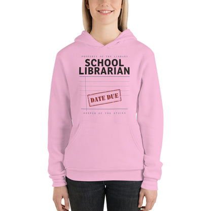 Property of the School Library card catalog school librarian hoodie — Lilac, on model
