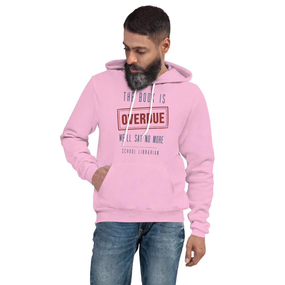 The Book Is Overdue funny school librarian hoodie — Lilac, on model