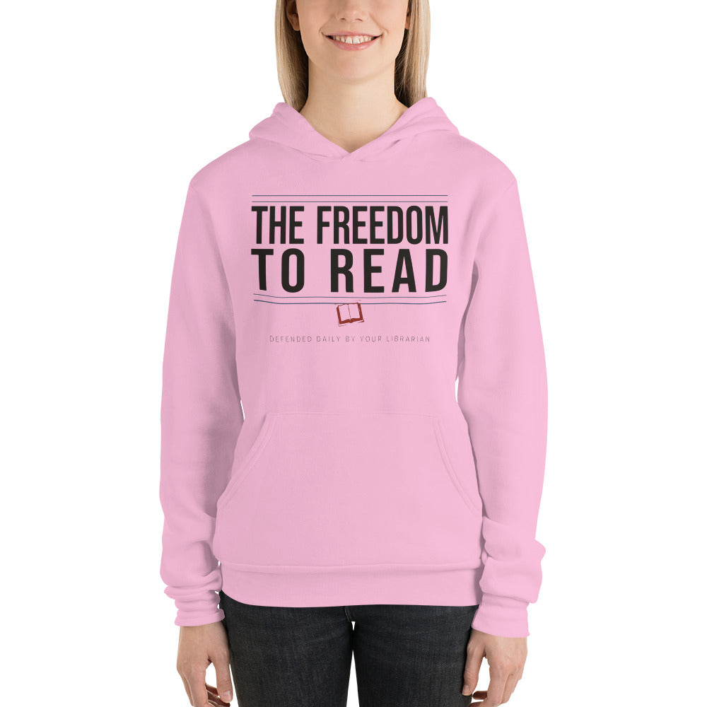 The Freedom to Read school librarian hoodie — Lilac, on model