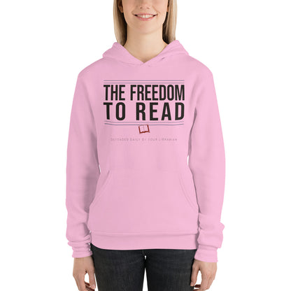 The Freedom to Read school librarian hoodie — Lilac, on model