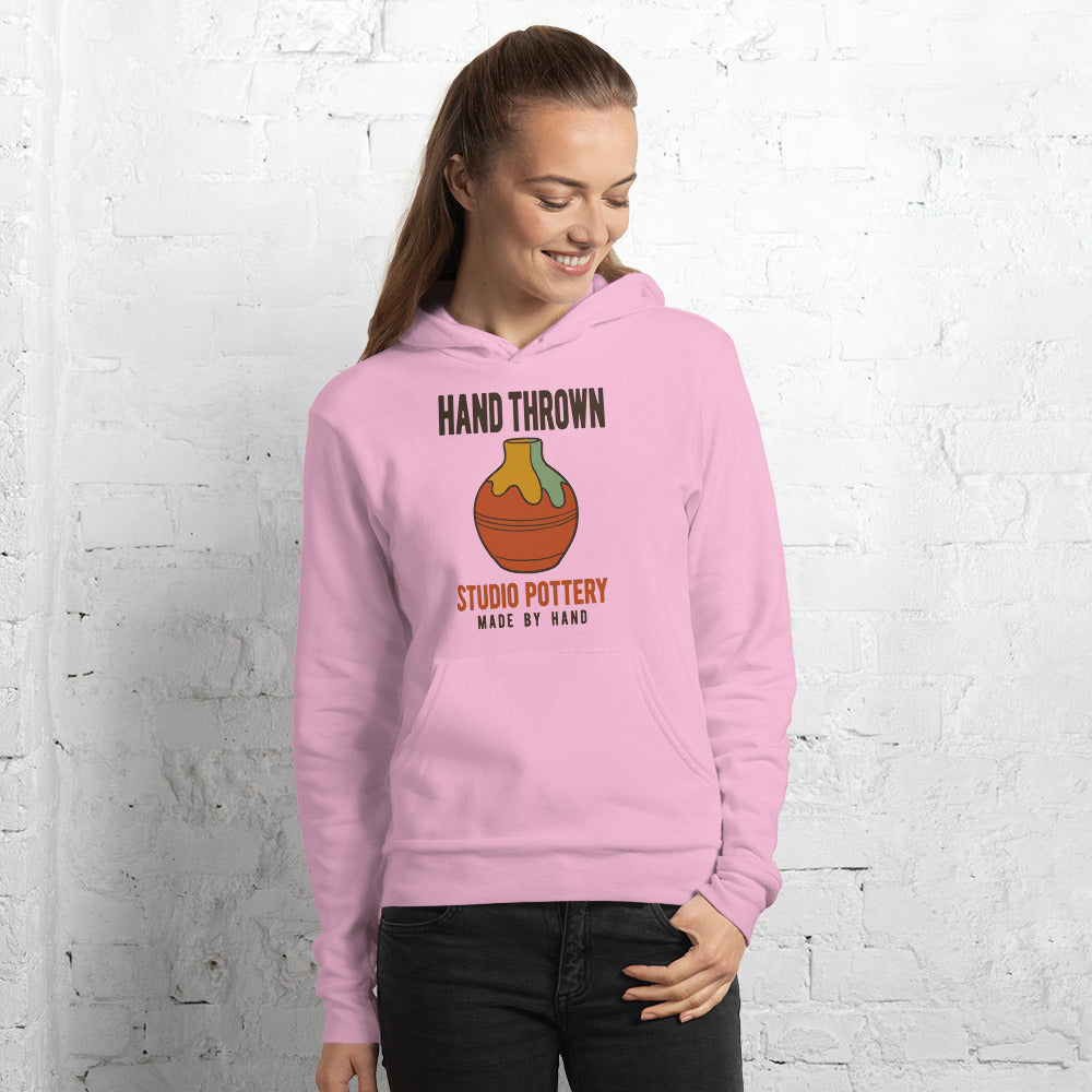 Hand Thrown Studio Pottery retro poster hoodie — Lilac, on model