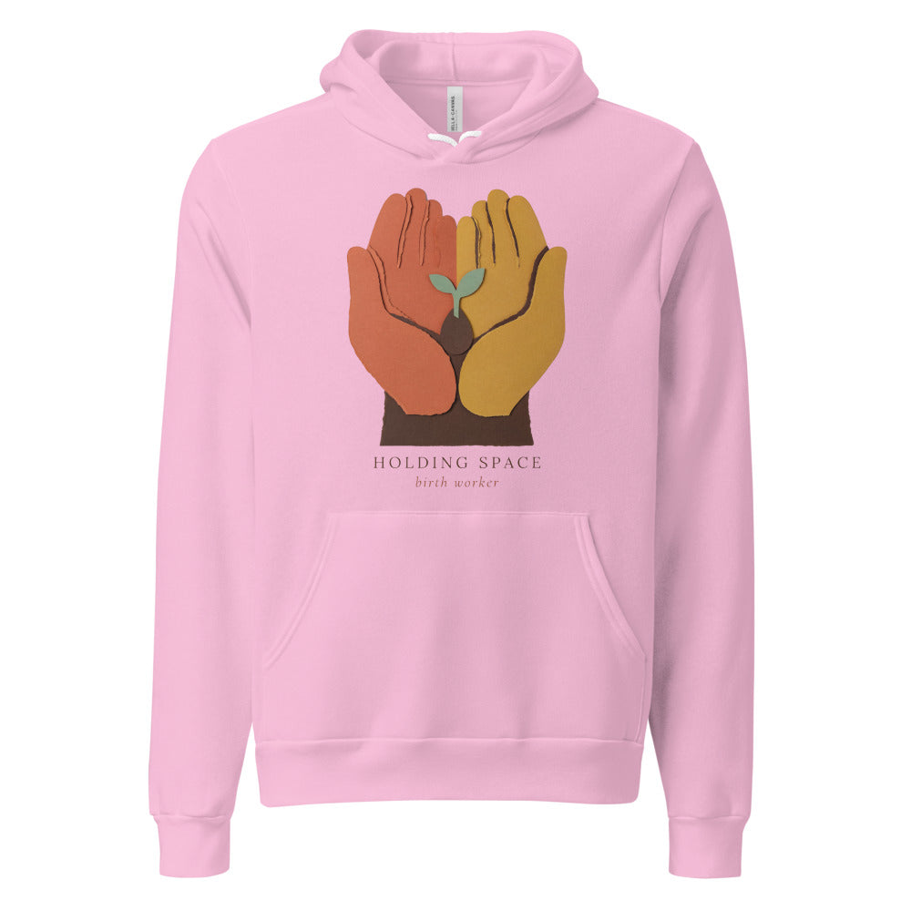 Holding Space birth worker doula hoodie — Lilac, front