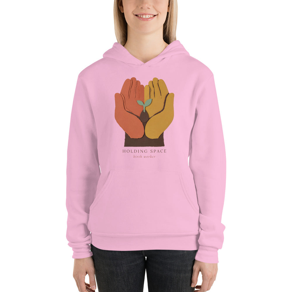 Holding Space birth worker doula hoodie — Lilac, on model
