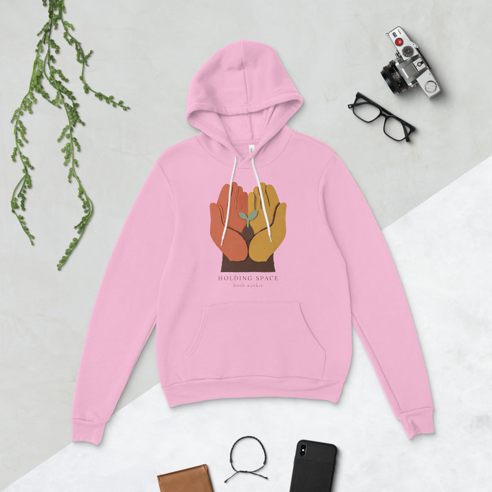 Holding Space birth worker doula hoodie — Lilac, flat lay