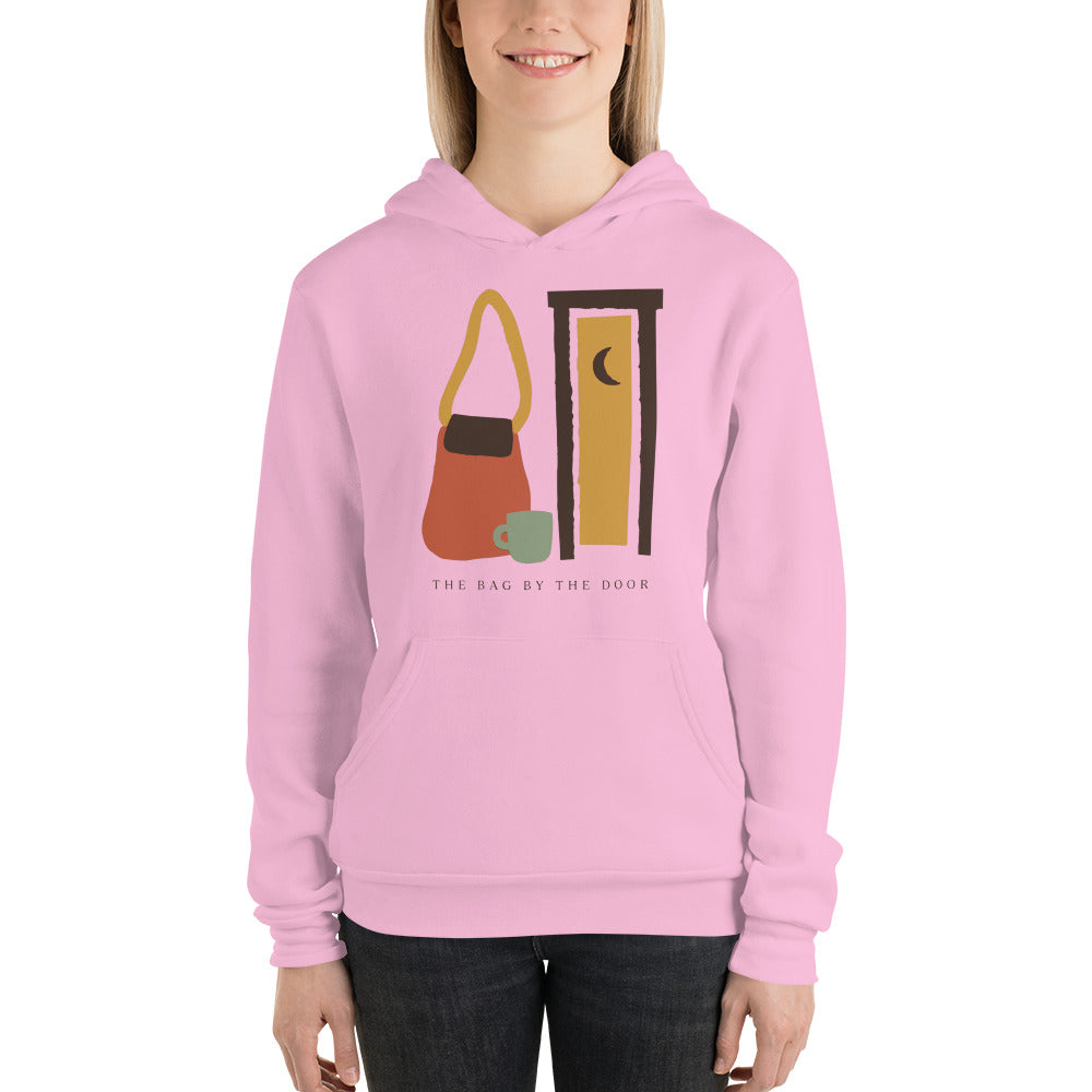 The Bag By The Door doula hoodie — Lilac, on model