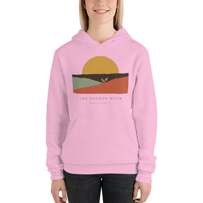The Golden Hour birth worker doula hoodie — Lilac, on model