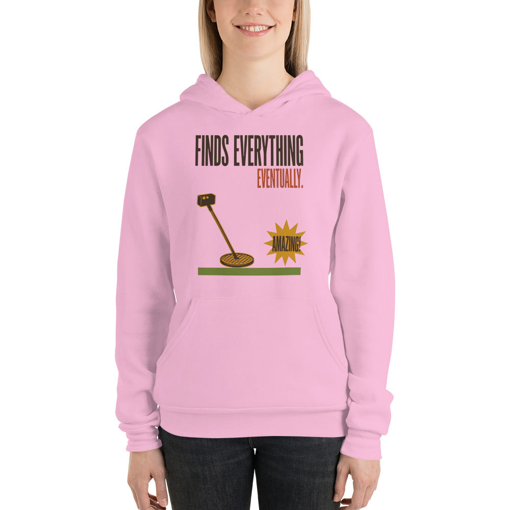 Finds Everything Eventually retro metal detecting hoodie — Lilac, on model